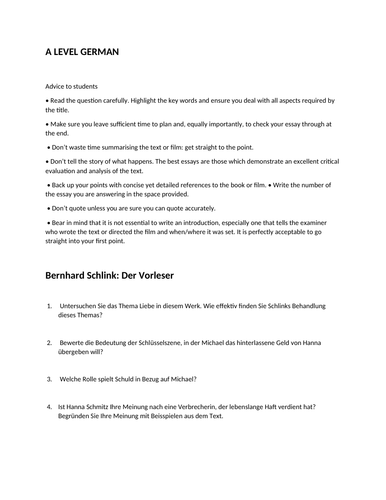 Bernhard Schlink: Der Vorleser A LEVEL GERMAN REVISION mock essay questions