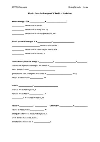 GCSE Revision Physics  Formulae Worksheet