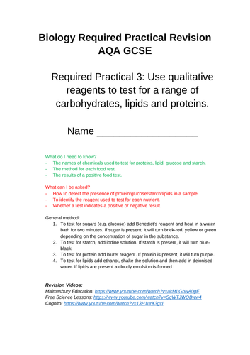 Food Tests Biology Required Practical 3