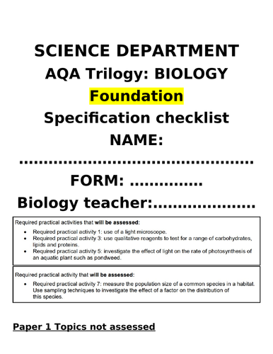 AQA Biology checklists based on Advanced Information