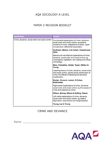 AQA SOCIOLOGY ADVANCE INFO CRIME REVISION BOOKLET