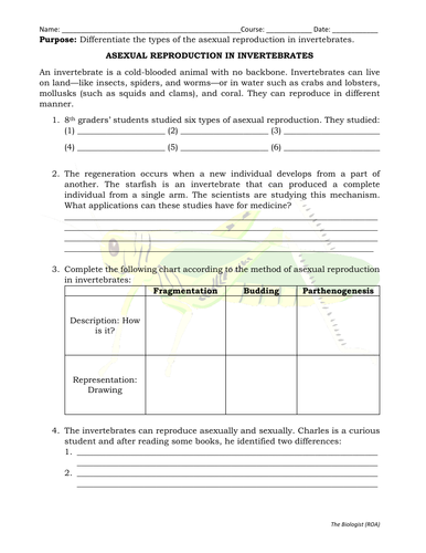 Asexual reproduction in invertebrates Worksheet/Quiz