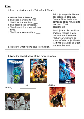 Y8 - Film worksheet - French