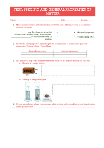 Specific and General properties matter Worksheet/Quiz