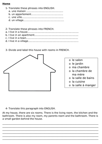 Y8 - Home worksheet  - French