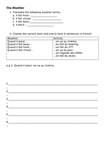 Year 8  - Weather worksheet - French