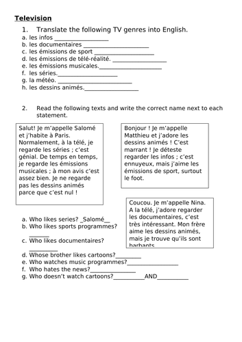 Year 8  - TV  worksheet - French