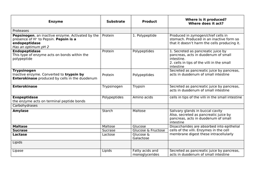 WJEC Unit 2 Enzyme overview sheet