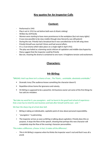 An Inspector Calls Quote & Character Sheet
