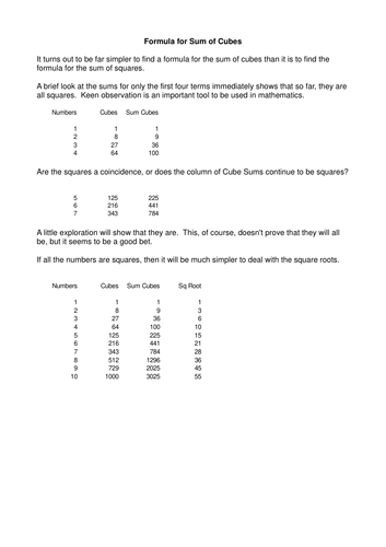 Investigating the formula for the Sum of Cubes