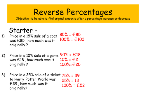 Gcse Maths Reverse Percentages Teaching Resources 0306