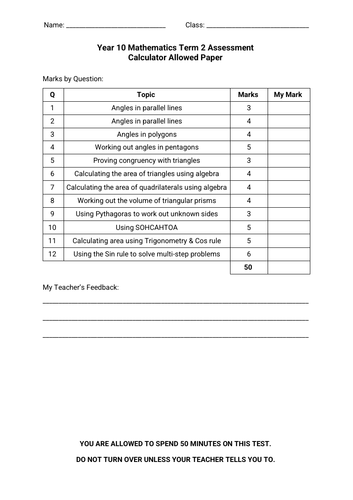 Y10 Mathematics Term 2 Assessment