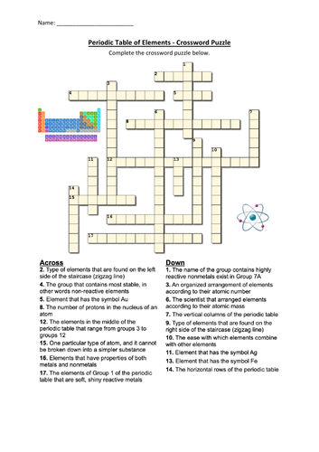 periodic table of elements crossword puzzle worksheet activity printable teaching resources