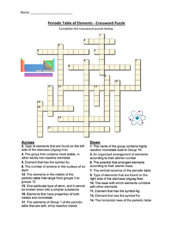 Periodic Table of Elements - Crossword Puzzle Worksheet Activity (Printable)