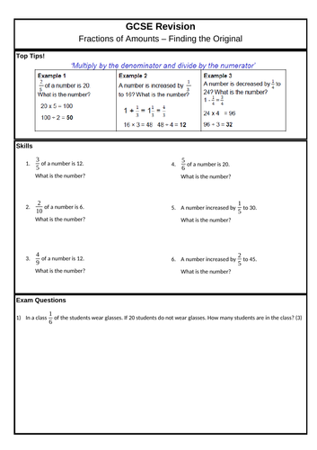 GCSE (F) - Fractions of Amounts - Finding the Original | Teaching Resources