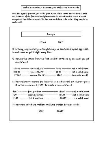 11+ Verbal Reasoning - Type J: Rearrange to Make Two New Words