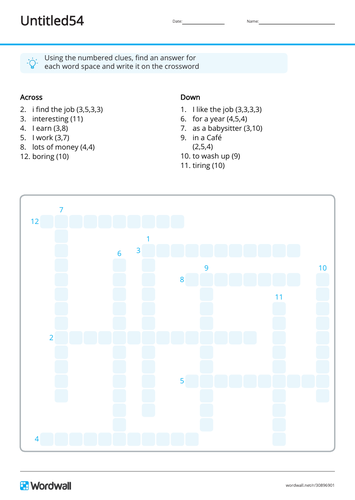 crossword made using wordwall on my jobs - stimmt 3 gruen kapitel 3 jobs