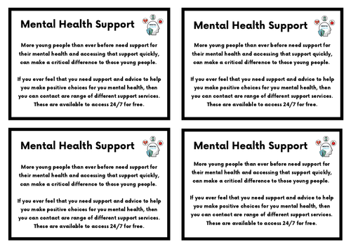 Teenager's Mental Health Services 24/7 Free Contact Text Email Cards SEMH Pastoral Support