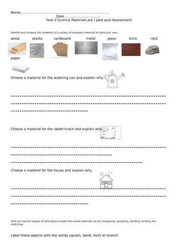 Year 2 Science Materials Pre / Post Quiz