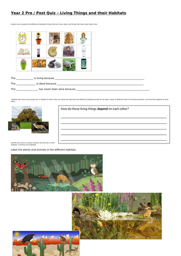 Living Things and their Habitats Pre / Post Quiz Year 2 Science Assessment