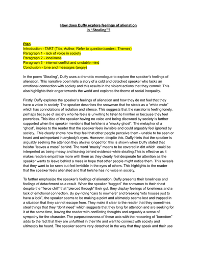 A* / Grade 9 Model Essay - STEALING by Carol Ann Duffy