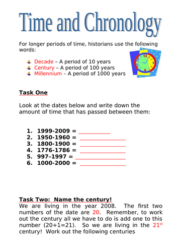 Time and Chronology skills worksheet