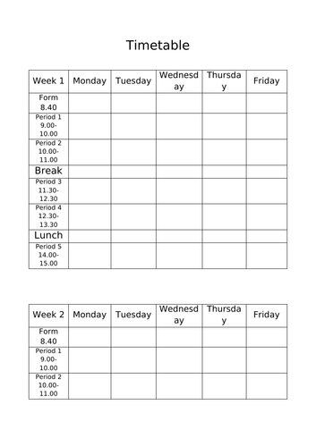 2 week timetable