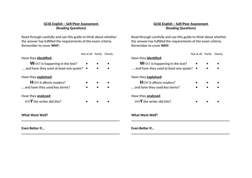 GCSE Peer and Self Assessment Sheets