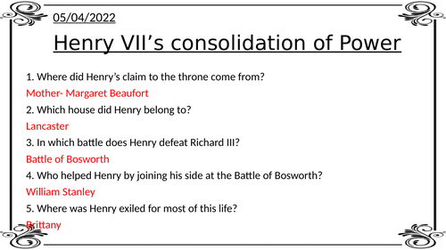 Henry VII Consolidating the throne- AQA Tudors A level