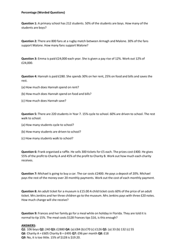 KS3/KS4 Percentages Worded Qs with Ans