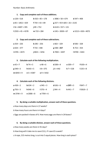 Basic Arithmetic Worksheet with Answers