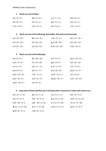 bidmas bodmas order of operations worksheet with answers teaching resources