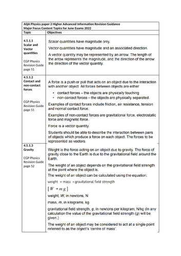 AQA GCSE Physics Advanced Information Revision Sheet