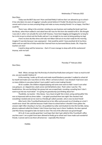 Year 5 - Diary Entries - Matilda