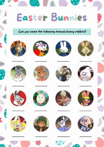 Easter Bunny Movie / TV Famous Rabbit Quiz Game & Answer Sheet. Fun Lesson Filler