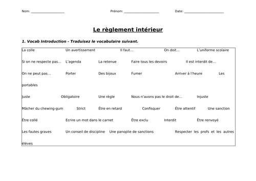 Le règlement intérieur - School Rules Sentence Builder activity