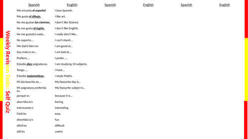 KS3/GCSE Spanish -self quiz study sheet on school sbujects and opinions