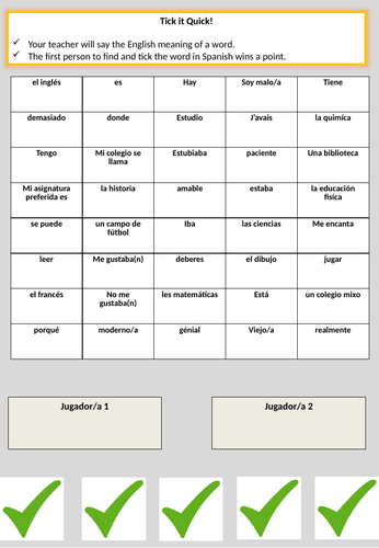 GCSE Spanish activity -tick it quick to revise, retrieve and consolidate knowledge in a fun way
