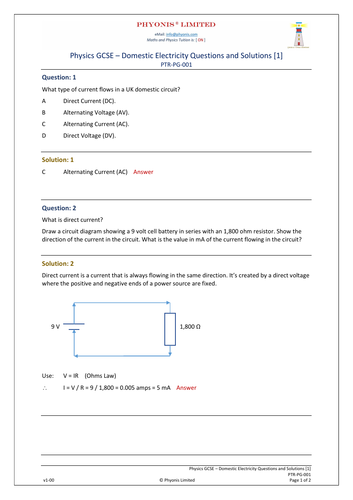 Physics GCSE - Domestic Electricity Questions and Solutions [1] PTR-PG-001