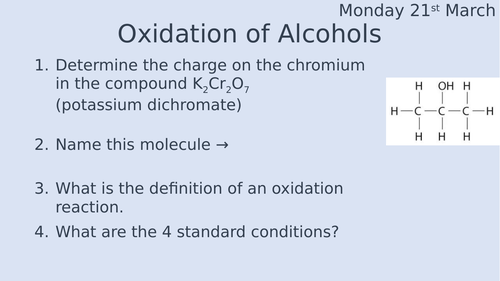 Oxidation of alcohols OCR A AS level lesson and worksheet