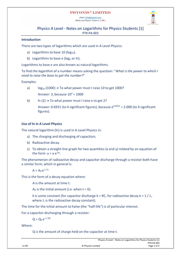 Physics A Level - Notes on Logarithms for Physics Students [1] PTR-PA-003