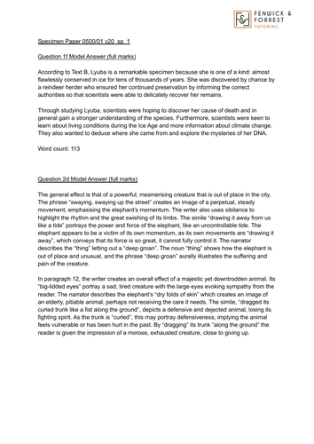 Model Answers for CIE 0500 Specimen Paper (Mammoths) 1f, 2d, 3.