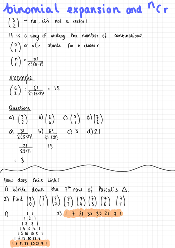 Binomial and NCR Notes (IGCSE Cambridge Additional Mathematics)