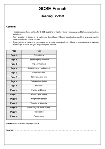 Reading Exam Practice - French GCSE