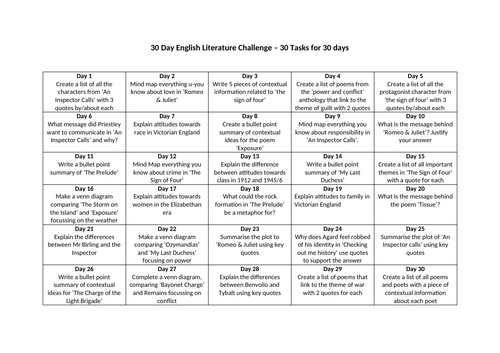 30 Day English Literature Challenge Grid