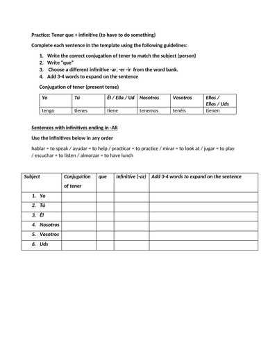 Tener que infinitive worksheet