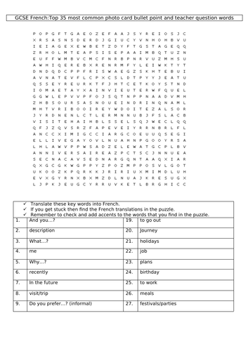 GCSE French -top 35 most common words and phrases on the photocard