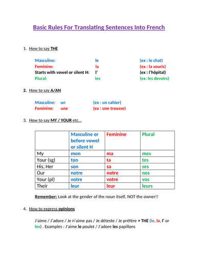 Basic Rules For Translating Sentences Into French