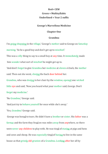 Year 2 Reading Moderation Greater Depth  George’s Marvellous Medicine (Chapter One) Running Record