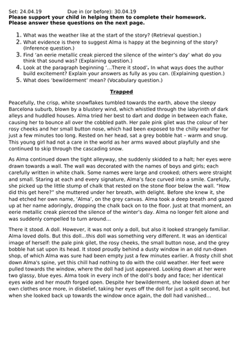 Reading Comprehension Homework for Year 5/6